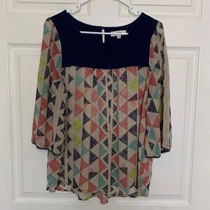 Umgee Blouse Geometric Blue Red Tan Green Size Medium Shirt Semi Sheer Top